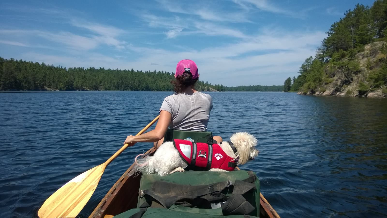Michelle paddling a canoe across a glassy lake, a very small lifeguard on duty up front